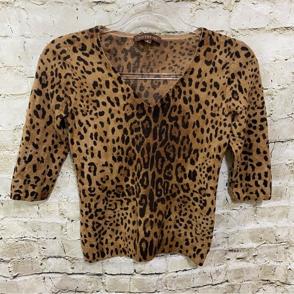 Vittadini Tab Brown Cheetah Print V Neck Merino Wool 3/4 Sleeve Sweater - Picture 1 of 5